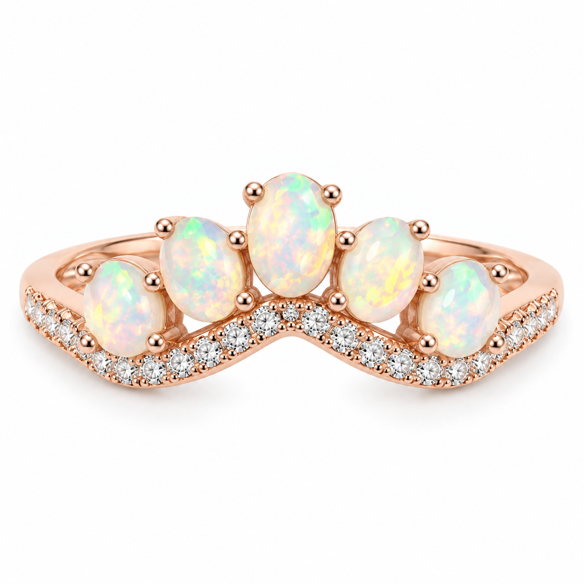 Natural fire opal ring featuring rounded oval gemstones with colorful natural play-of-color