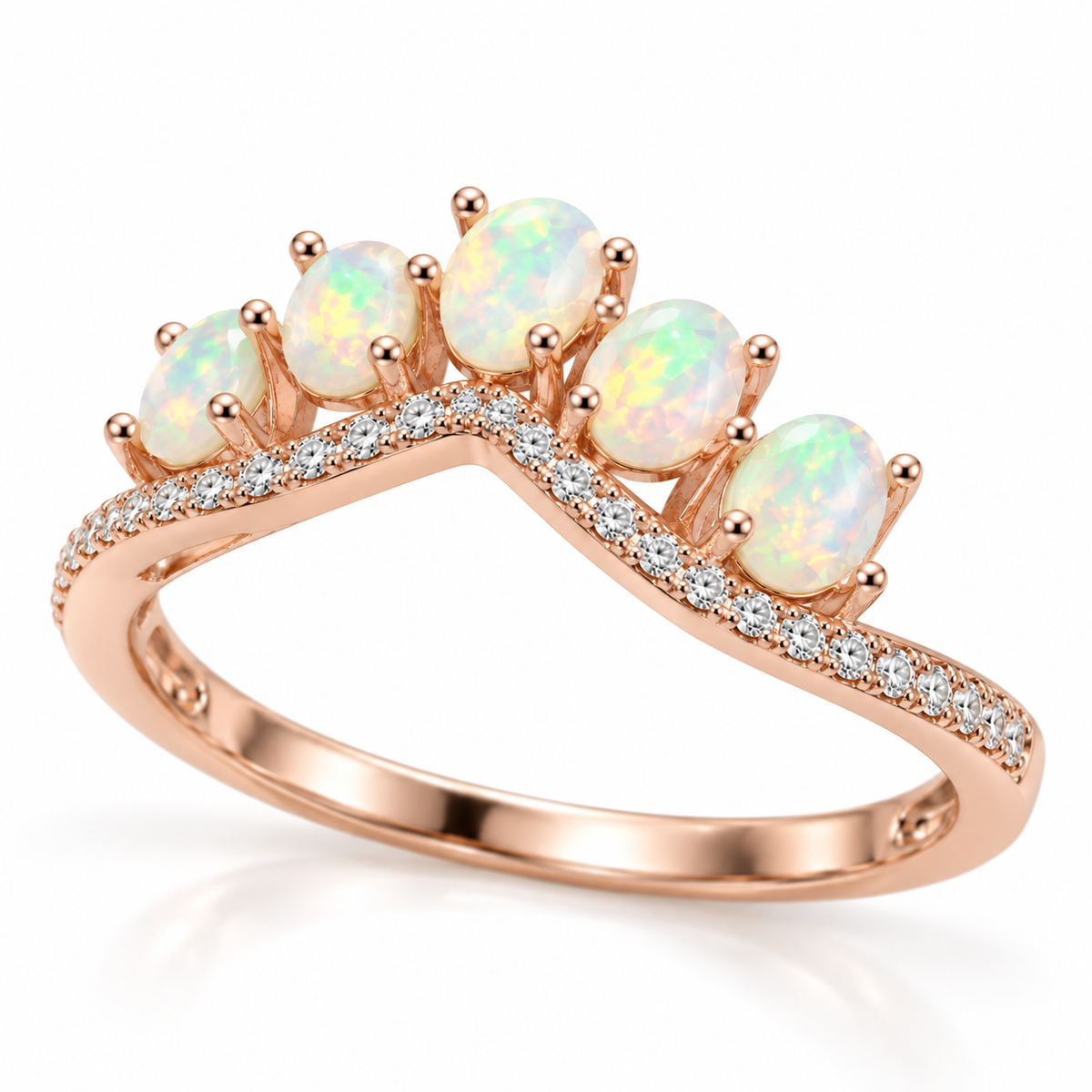Side view of 3x4mm natural fire opal ring with rose gold plated curved band
