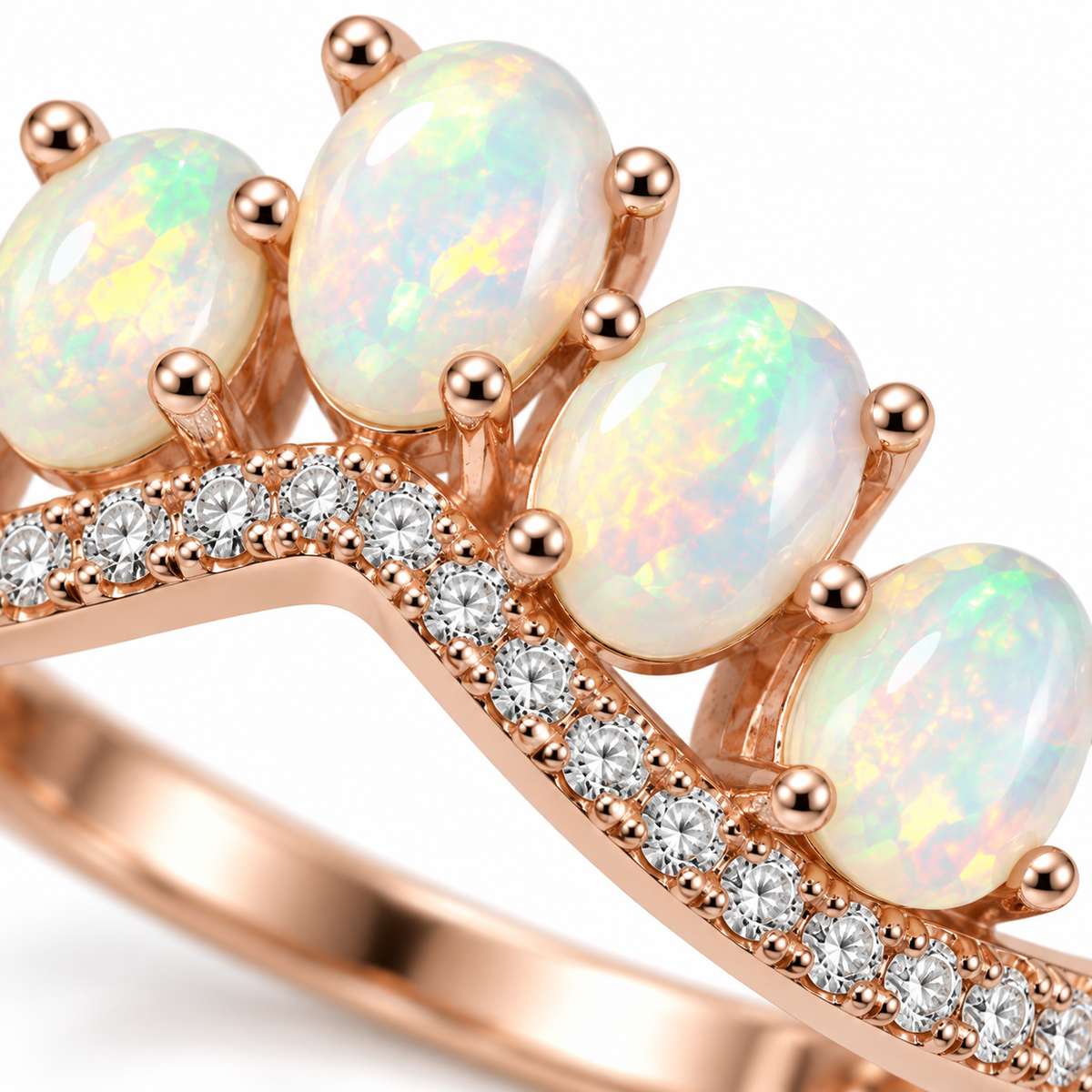 Macro view of natural 3x4mm oval fire opal gemstones with soft multicolor play-of-color