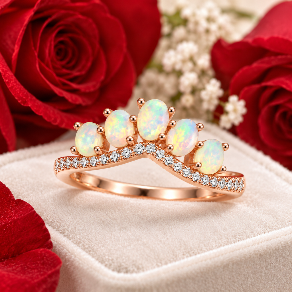 3x4mm natural fire opal ring styled on ivory velvet with romantic red roses