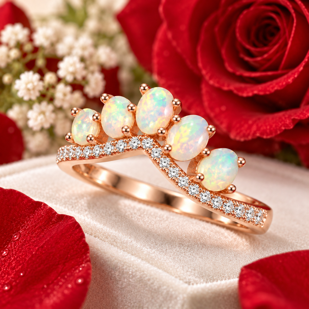 3x4mm natural fire opal ring styled on ivory velvet with romantic red roses
