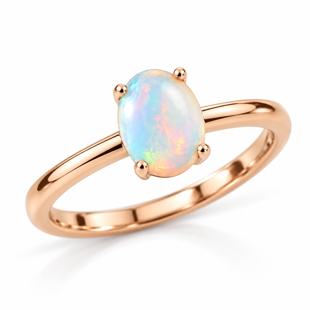Angled view of 5x7mm oval natural opal solitaire ring in rose gold plated sterling silver
