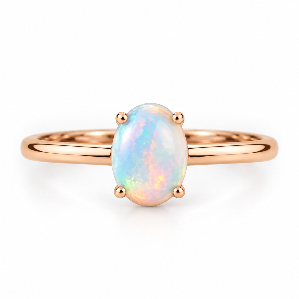 5x7mm natural opal ring with colorful play-of-color and four-prong solitaire setting