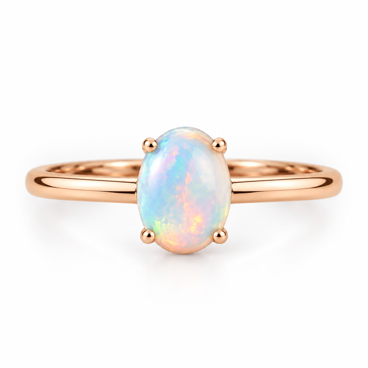 5x7mm natural opal ring with colorful play-of-color and four-prong solitaire setting