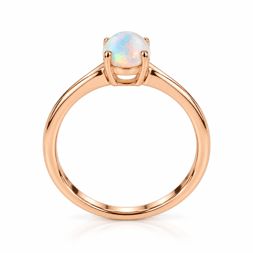 Side profile of 5x7mm oval natural opal solitaire ring with slim rose gold band