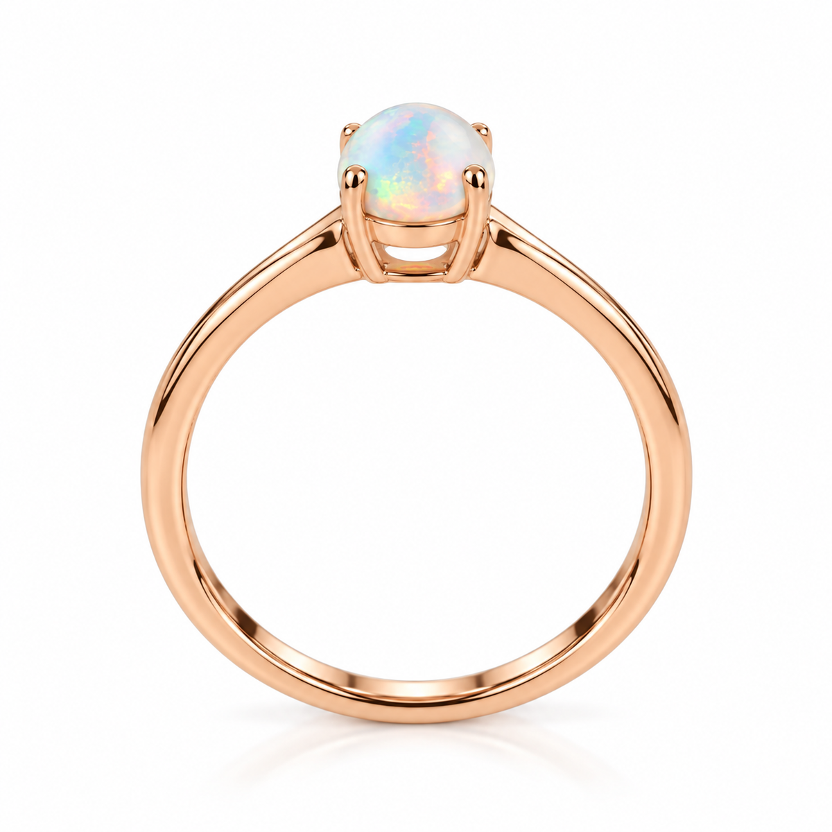 Side profile of 5x7mm oval natural opal solitaire ring with slim rose gold band