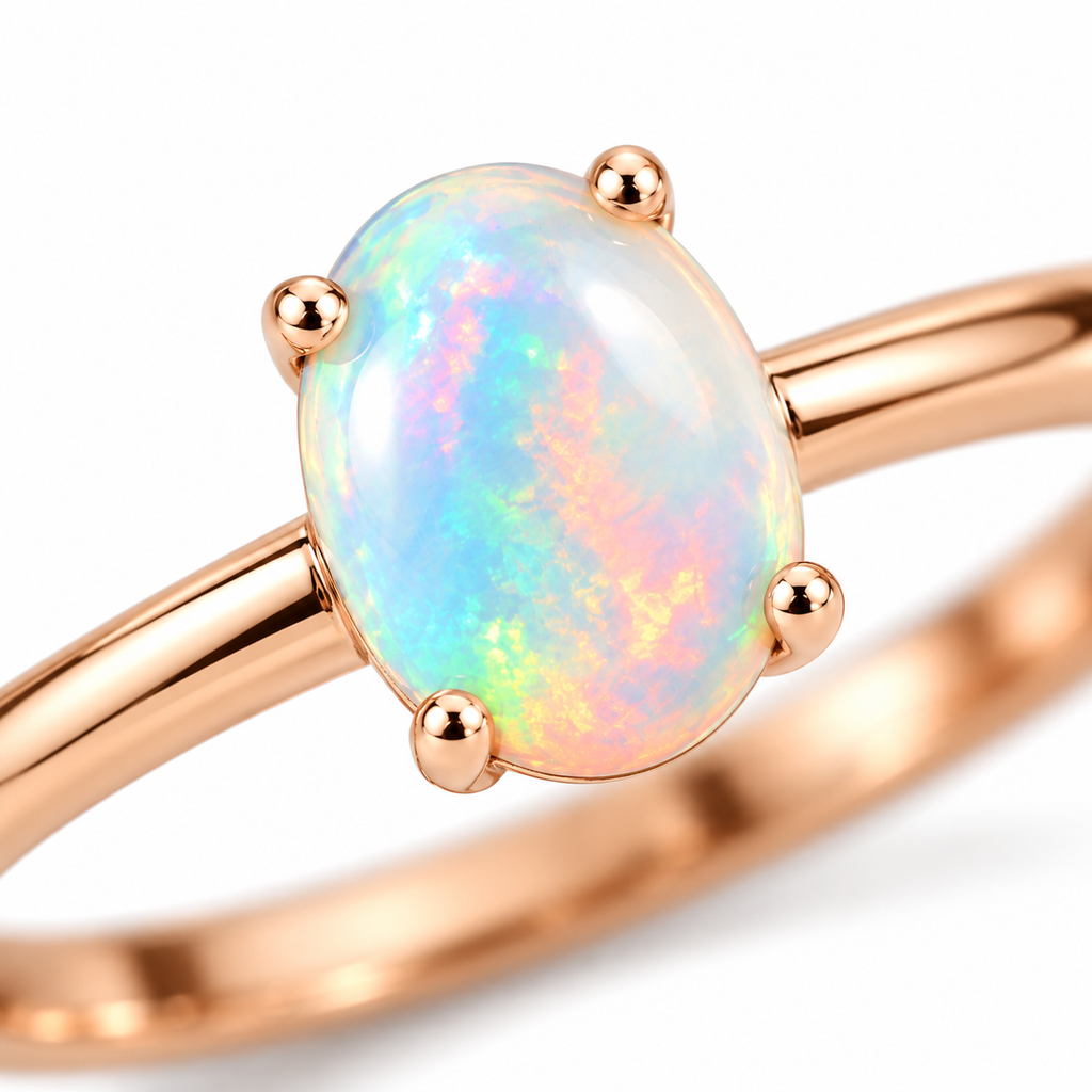 Macro view of 5x7mm natural opal showing colorful play-of-color in solitaire setting