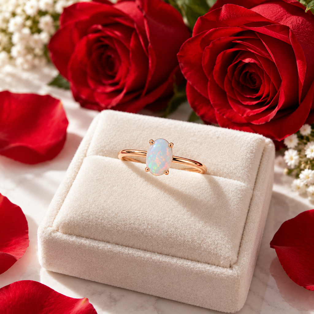 5x7mm natural opal solitaire ring on ivory velvet surrounded by red roses
