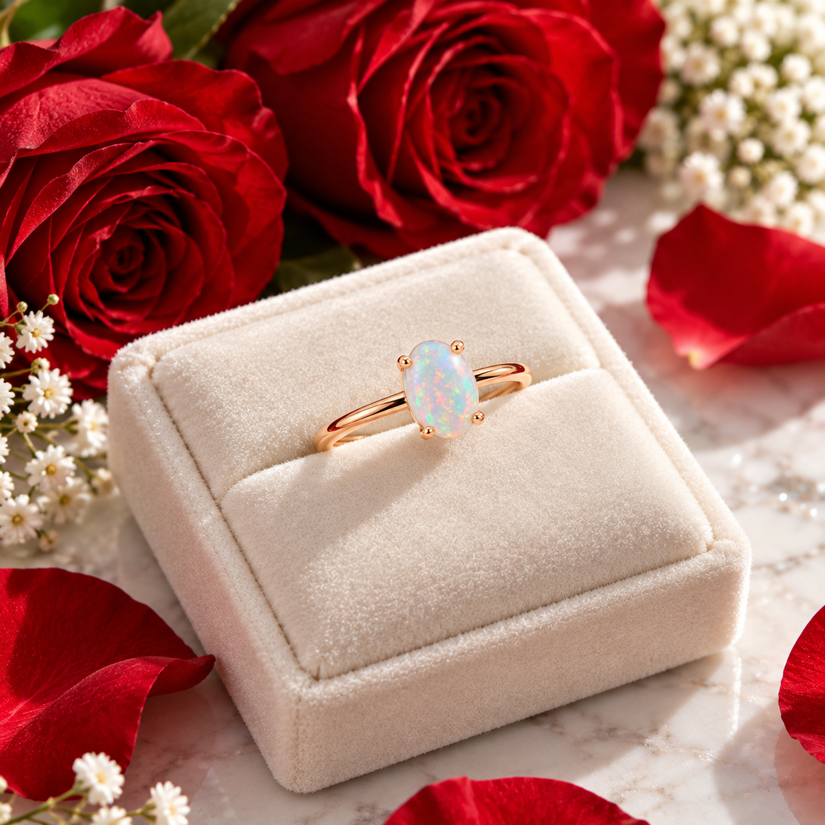 5x7mm natural opal solitaire ring on ivory velvet surrounded by red roses