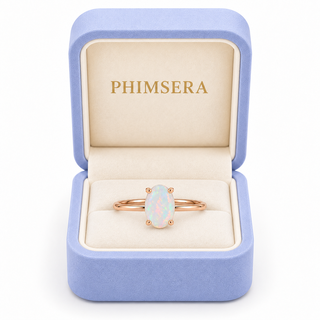 5x7mm natural opal solitaire ring presented in a Phimsera jewelry box