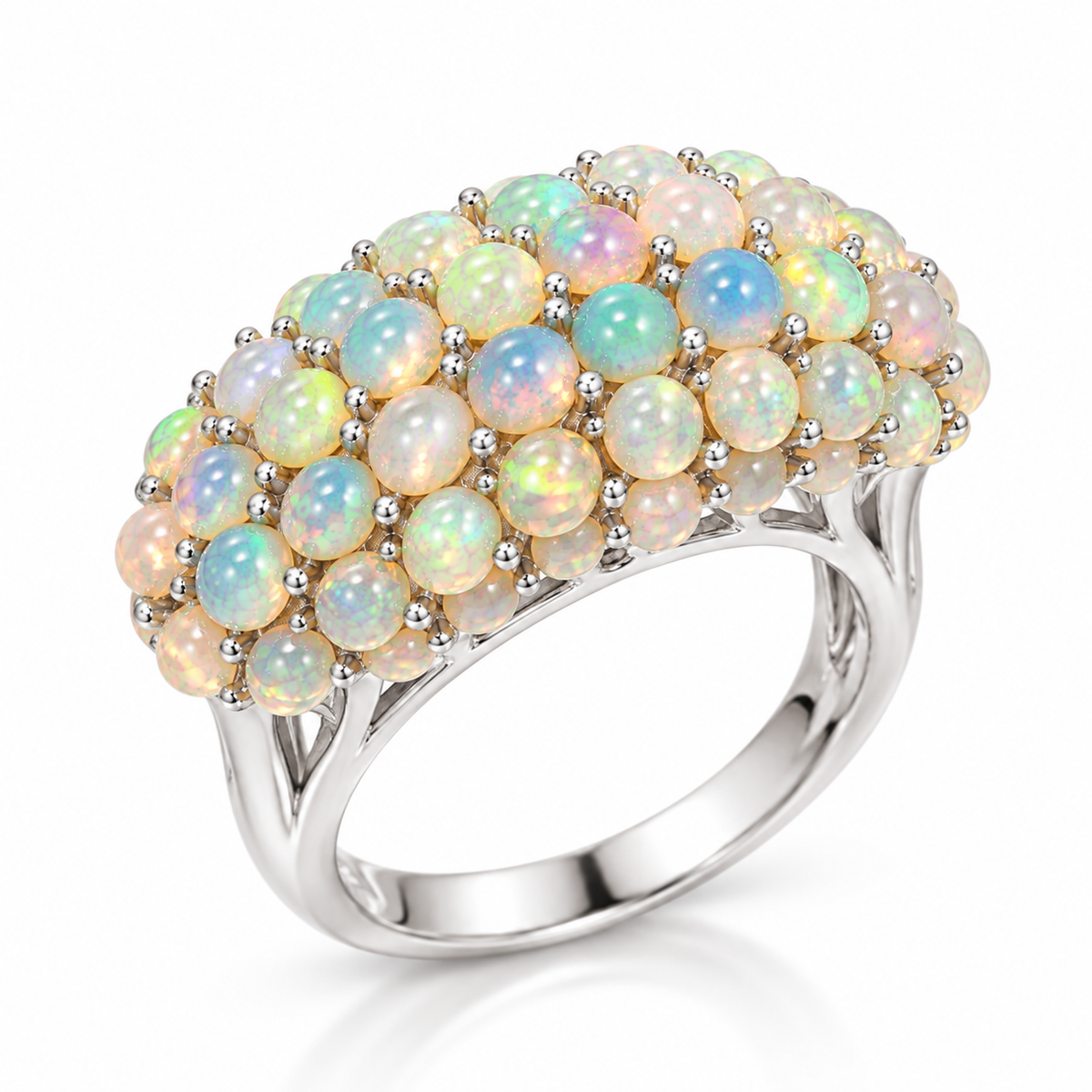 Turkish style natural opal ring featuring a dense cluster of colorful 3mm gemstones