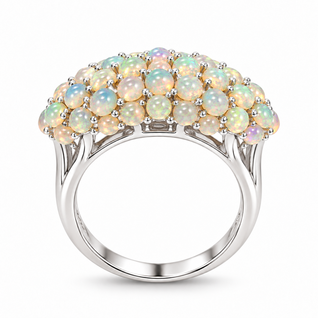 Side profile of natural 3mm opal Turkish style cluster ring showing its layered gemstone setting