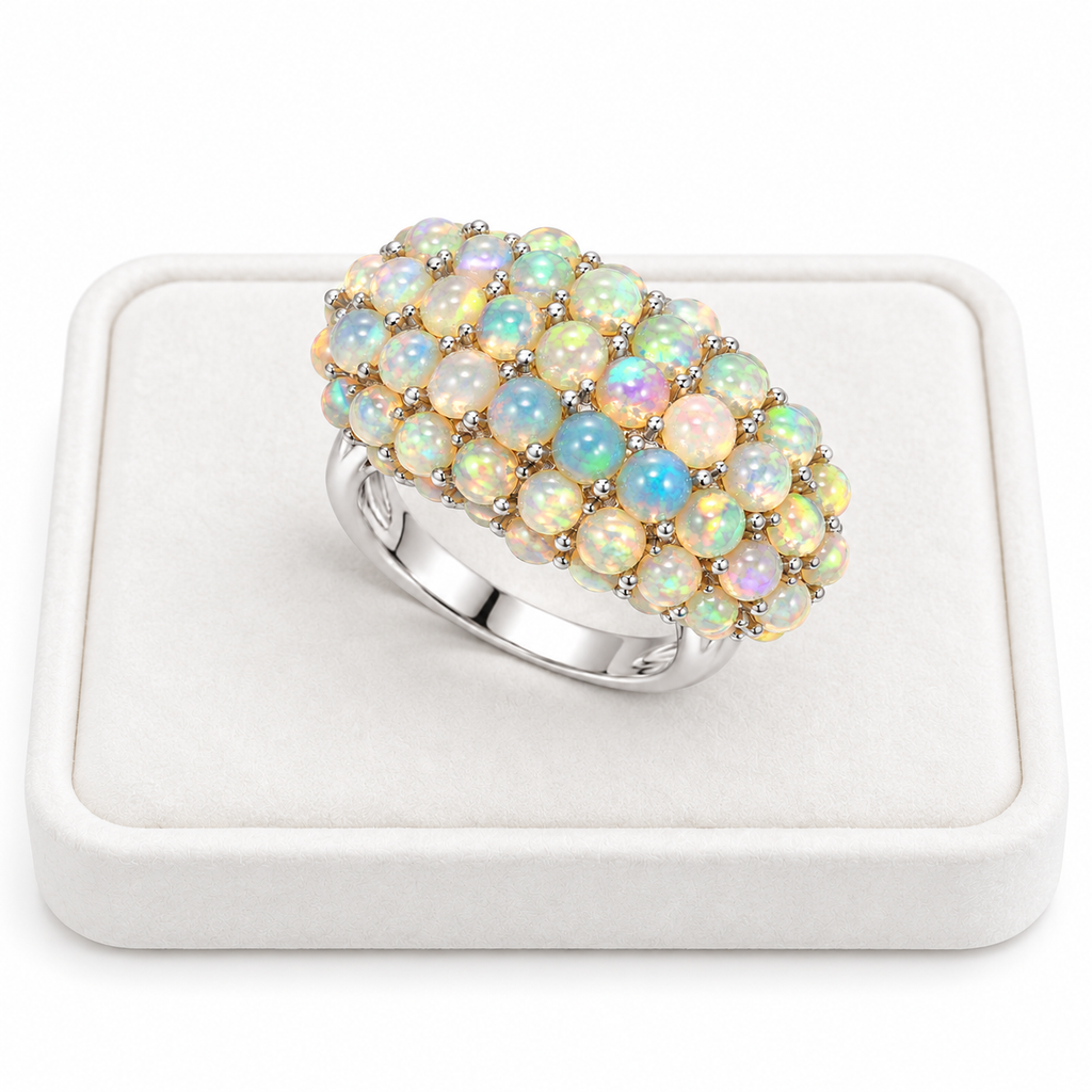 Natural Fire Opal Turkish Style Ring on a White Tray