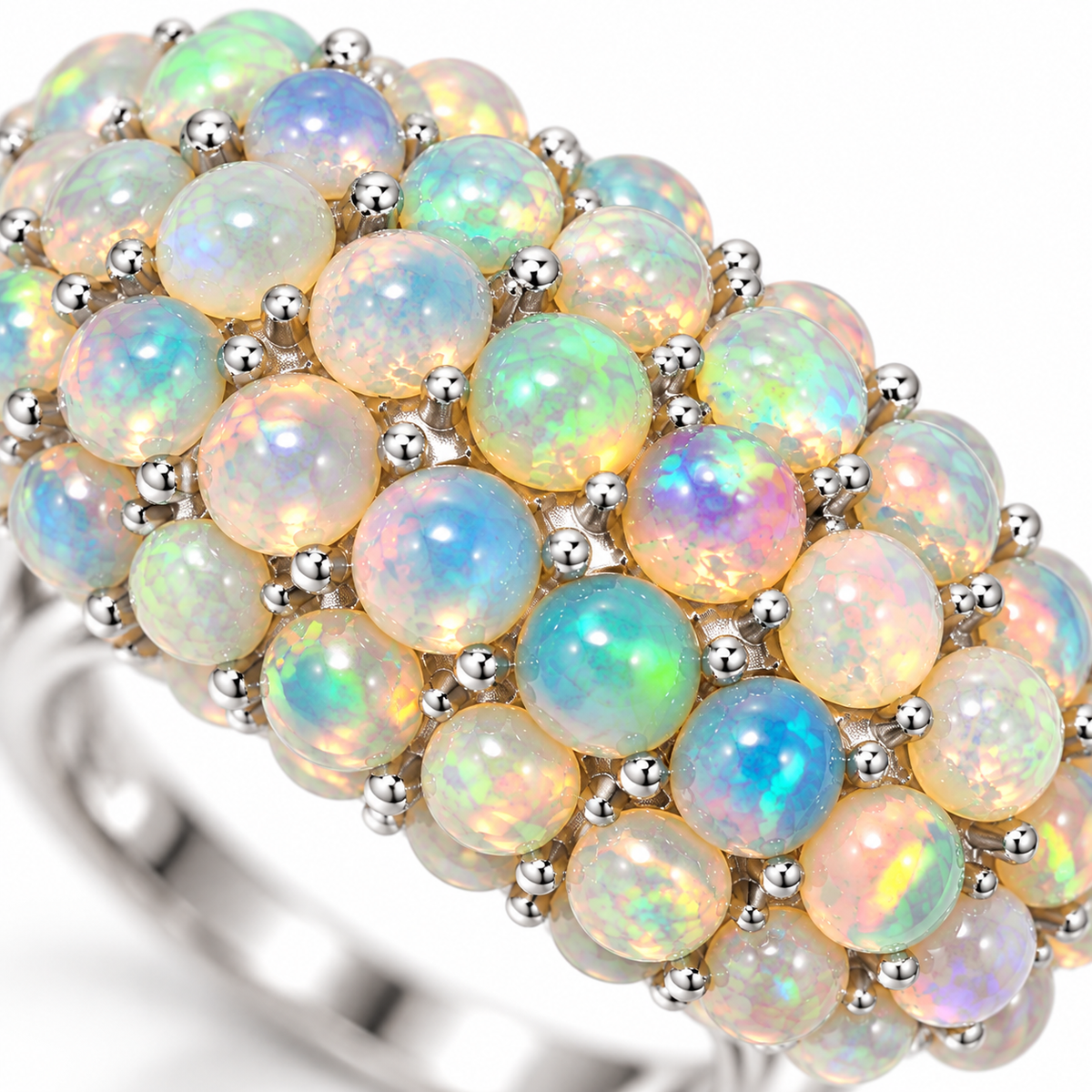 Close-up of natural 3mm round opal gemstones showing colorful multicolor play-of-color
