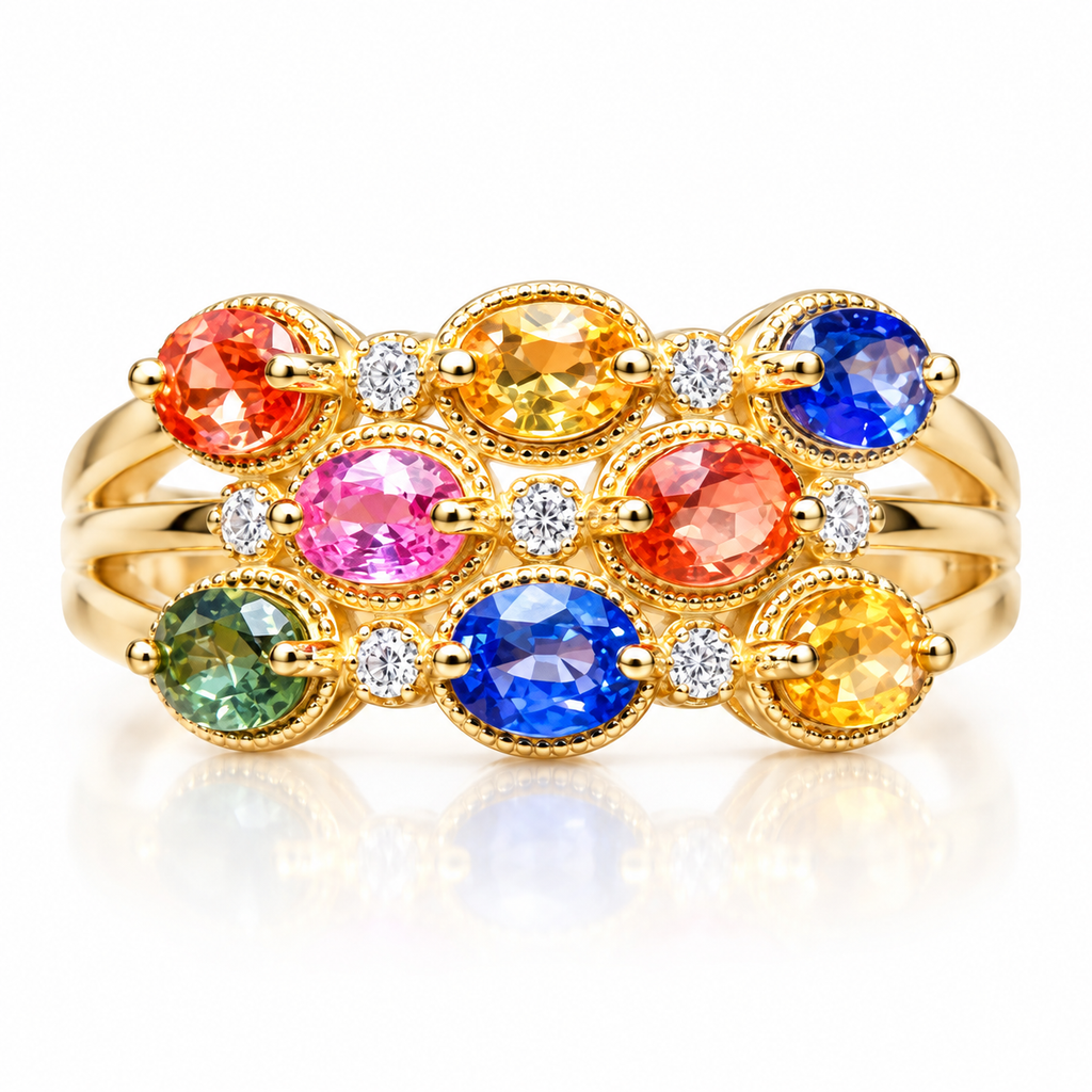 3x4mm natural multicolor sapphire ring with oval gemstones and gold plated sterling silver setting