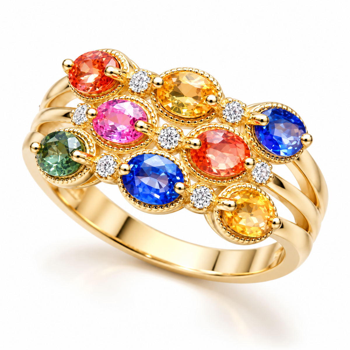 Angled view of 3x4mm multicolor sapphire ring with colorful oval gemstones