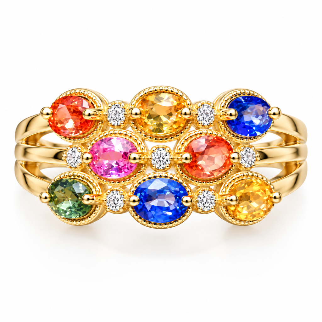 Front view of natural 3x4mm multicolor sapphire ring with detailed oval gemstone arrangement