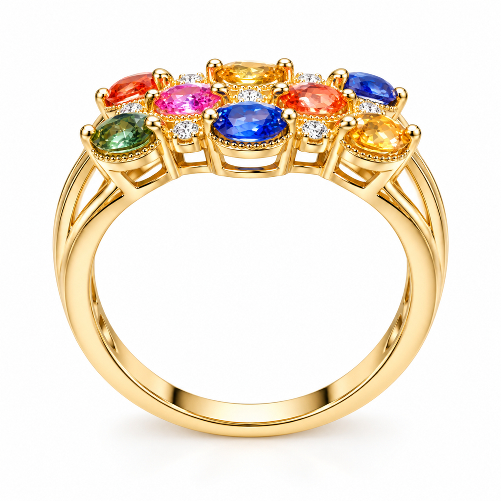 Side profile of 3x4mm multicolor sapphire ring showing gold plated setting and multi-band design