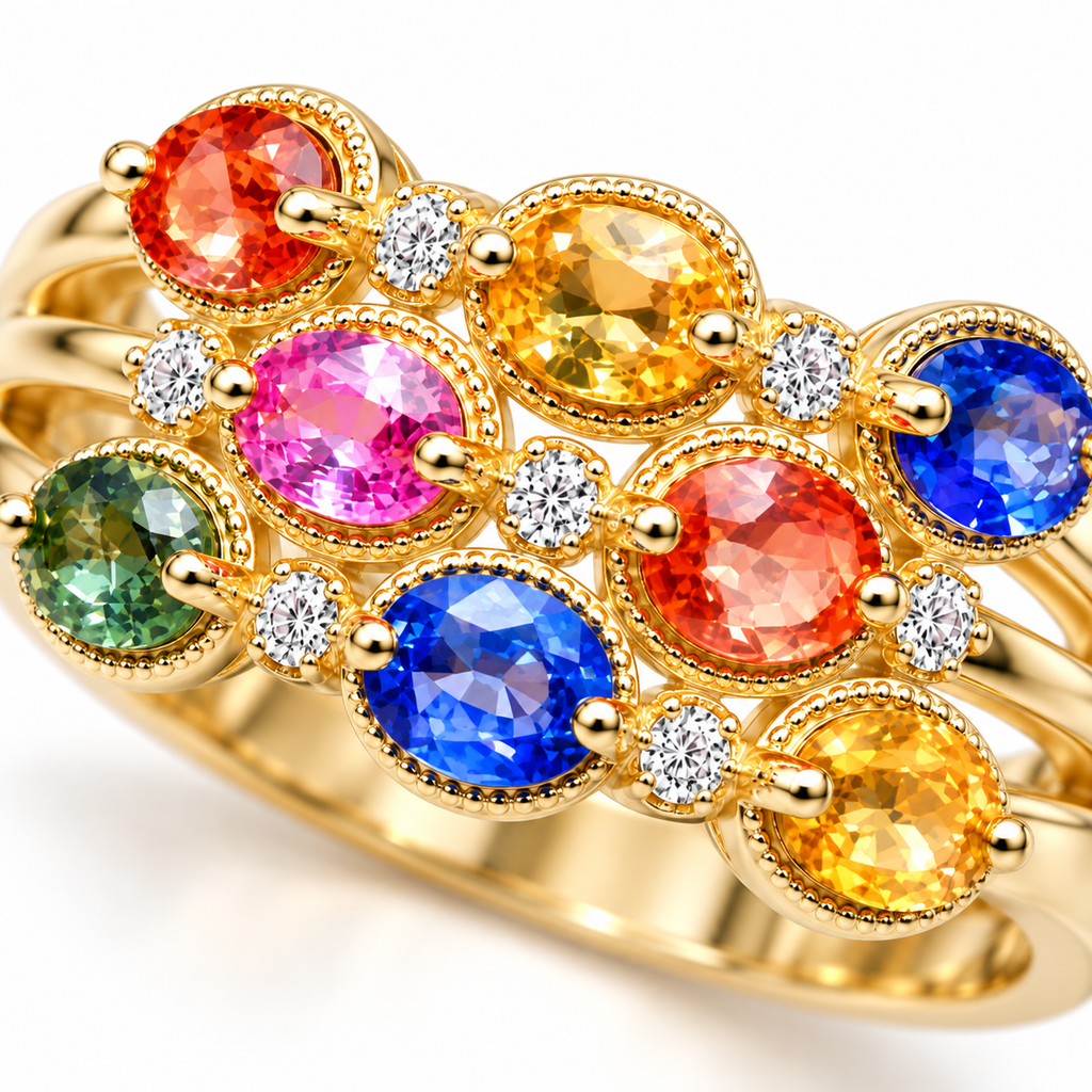 Macro view of 3x4mm oval multicolor sapphires with detailed gold plated gemstone settings