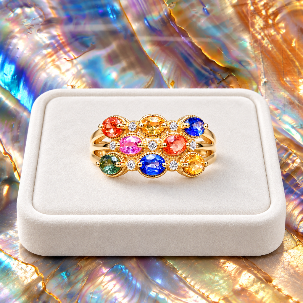 3x4mm multicolor sapphire ring displayed on ivory velvet against an iridescent colorful background