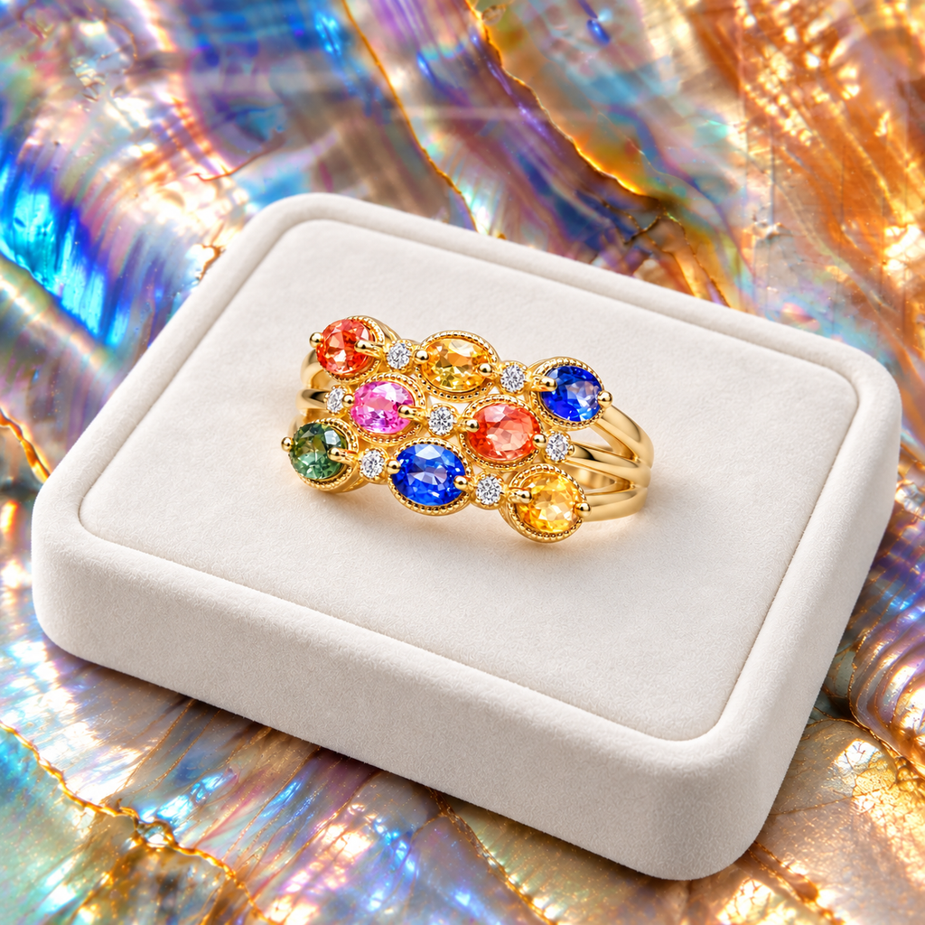 3x4mm multicolor sapphire ring displayed on ivory velvet against an iridescent colorful background