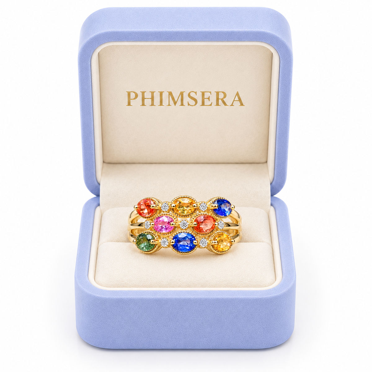 3x4mm natural multicolor sapphire ring presented in a Phimsera jewelry gift box