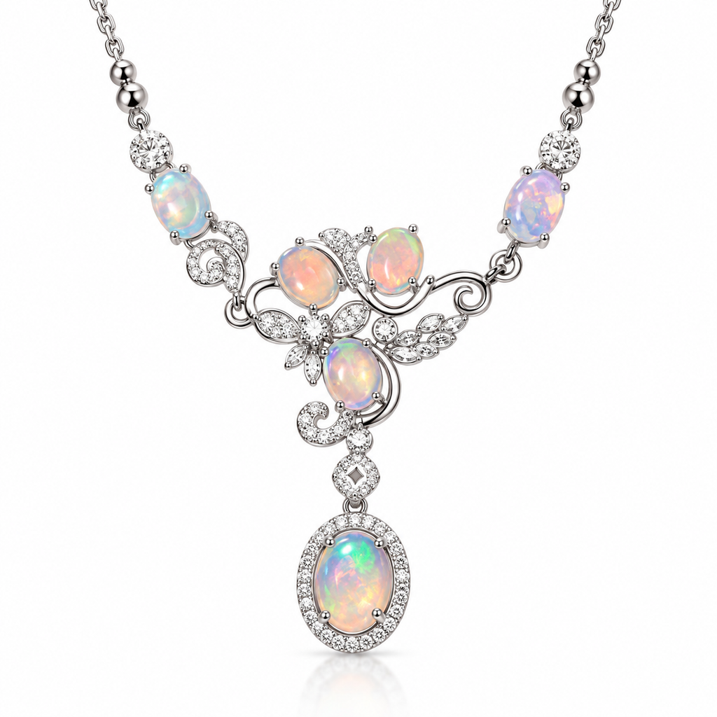 Natural opal necklace with 5x7mm and 6x8mm oval gemstones in 925 sterling silver