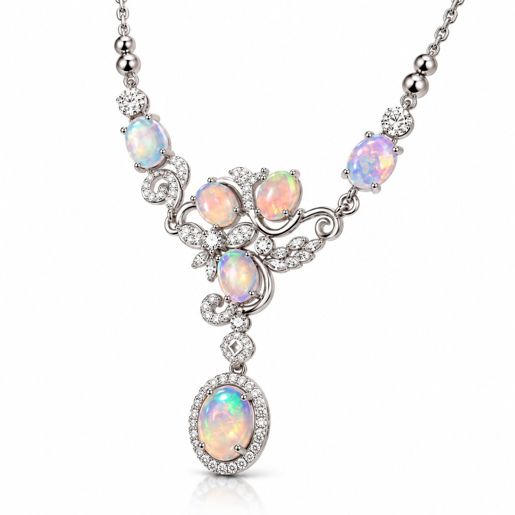 Natural opal necklace with colorful play-of-color and intricate gemstone detailing