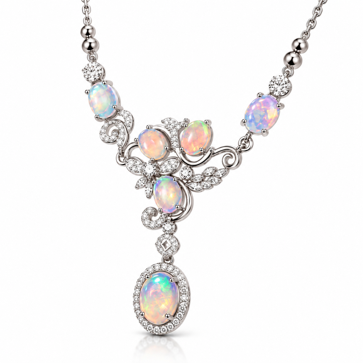 Natural opal necklace with colorful play-of-color and intricate gemstone detailing