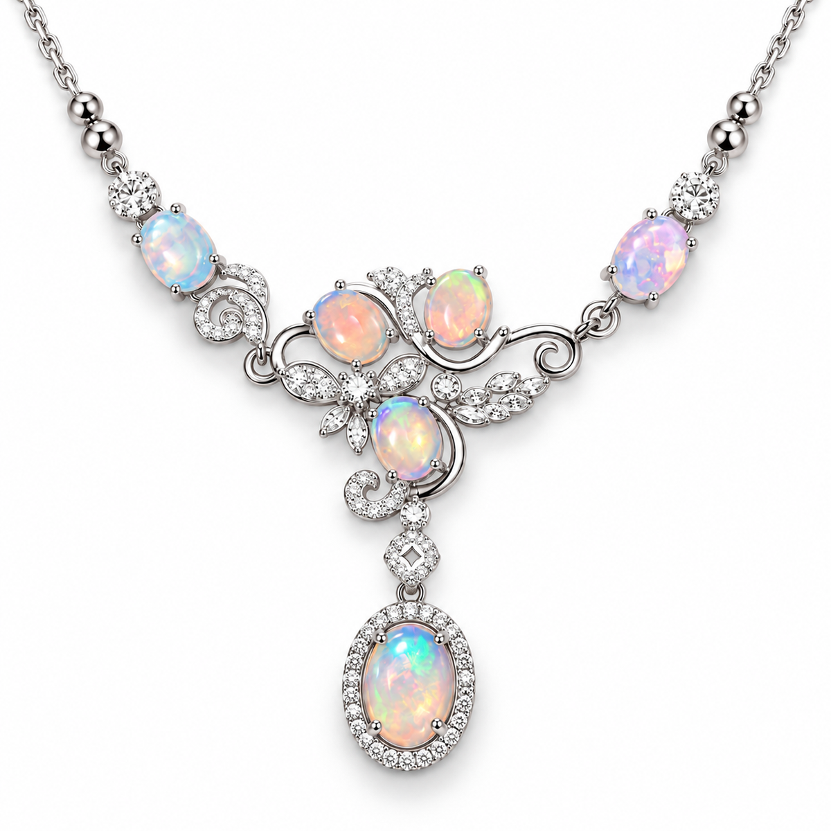 Natural 5x7mm and 6x8mm oval opal necklace with ornate floral-inspired design