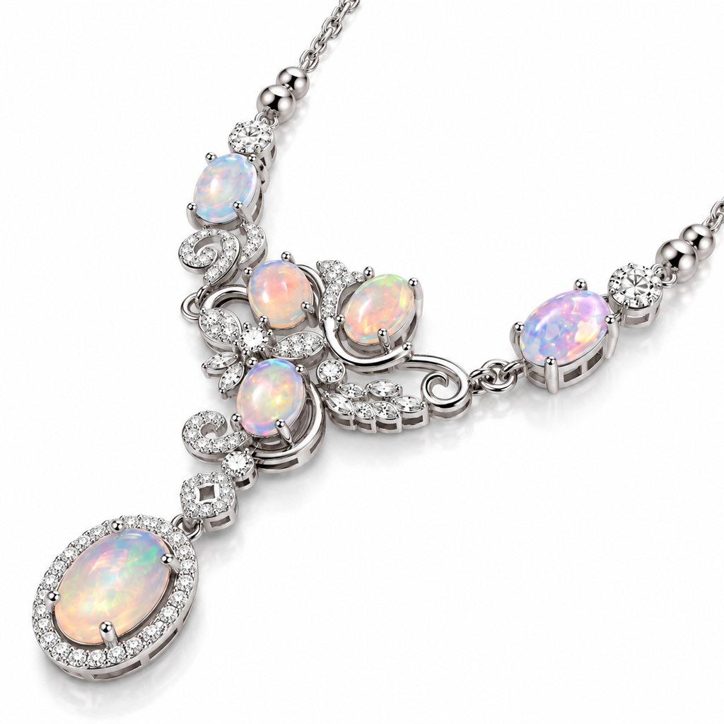 Detailed natural opal pendant necklace showing intricate sterling silver scrollwork