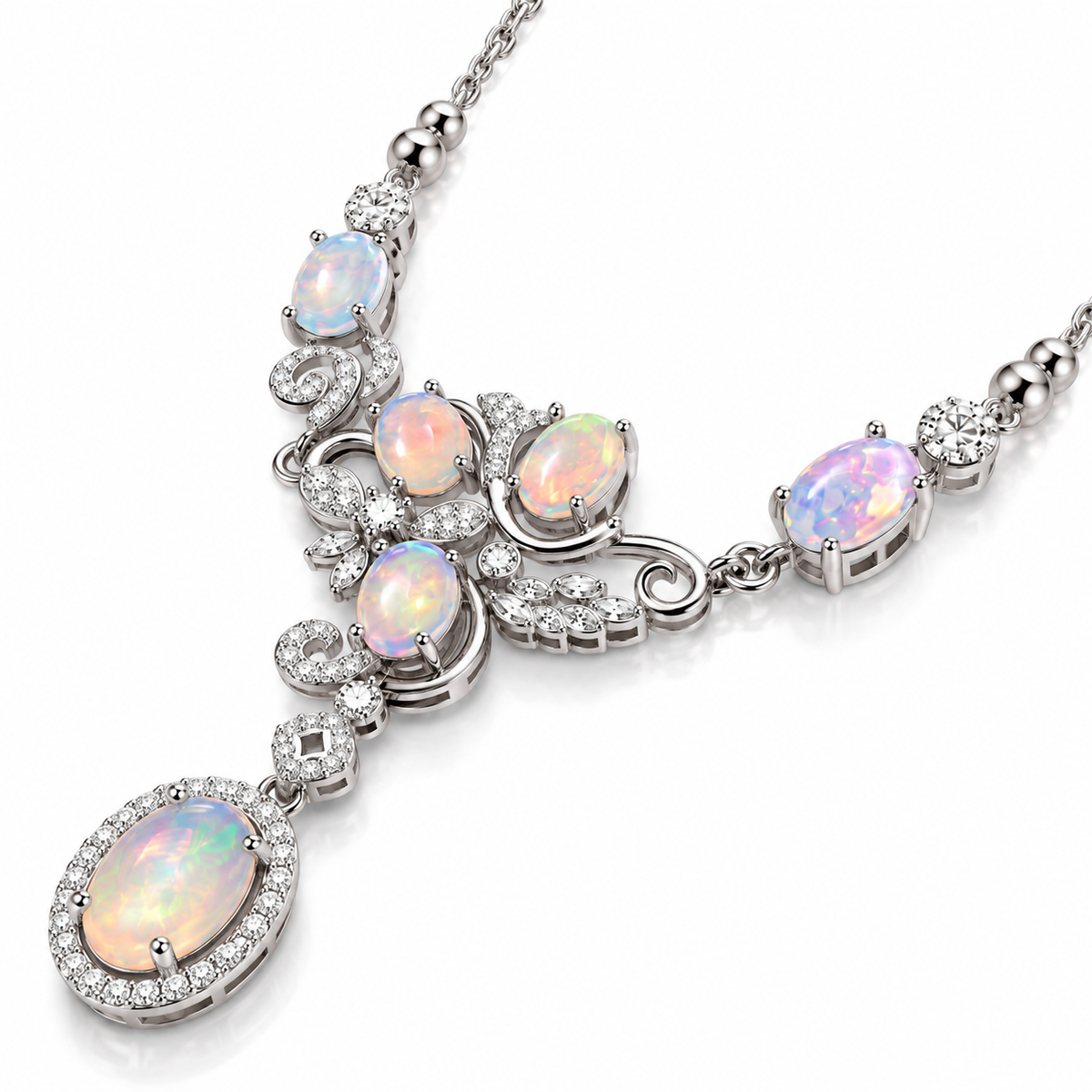 Detailed natural opal pendant necklace showing intricate sterling silver scrollwork