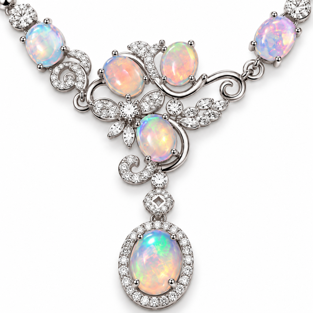 Close-up of natural opal gemstones showing colorful blue green pink and orange play-of-color