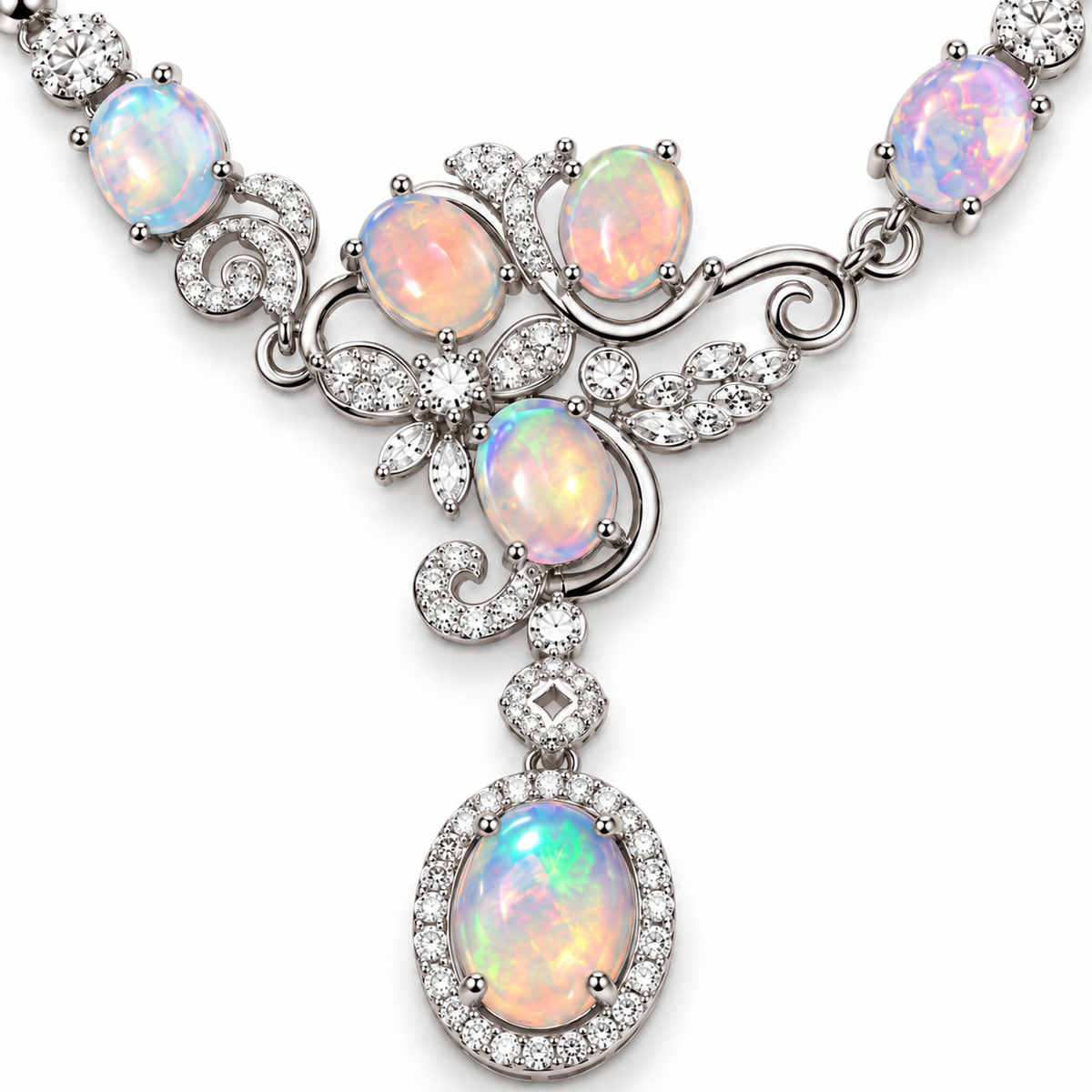 Close-up of natural opal gemstones showing colorful blue green pink and orange play-of-color
