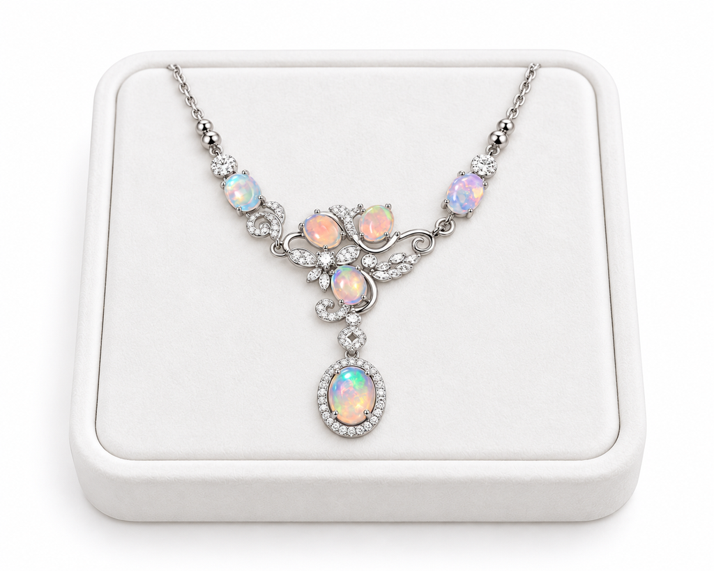 Natural opal necklace with 5x7mm and 6x8mm gemstones displayed on a white velvet jewelry tray