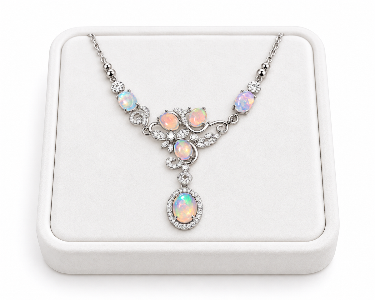 Natural opal necklace with 5x7mm and 6x8mm gemstones displayed on a white velvet jewelry tray