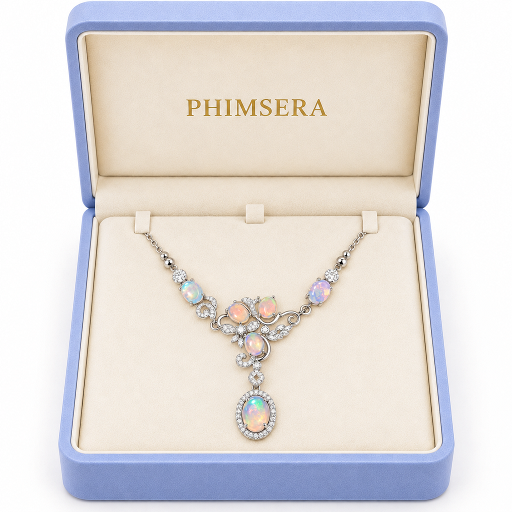 Phimsera natural opal necklace presented in a jewelry gift box