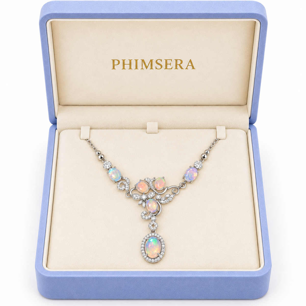 Phimsera natural opal necklace presented in a jewelry gift box