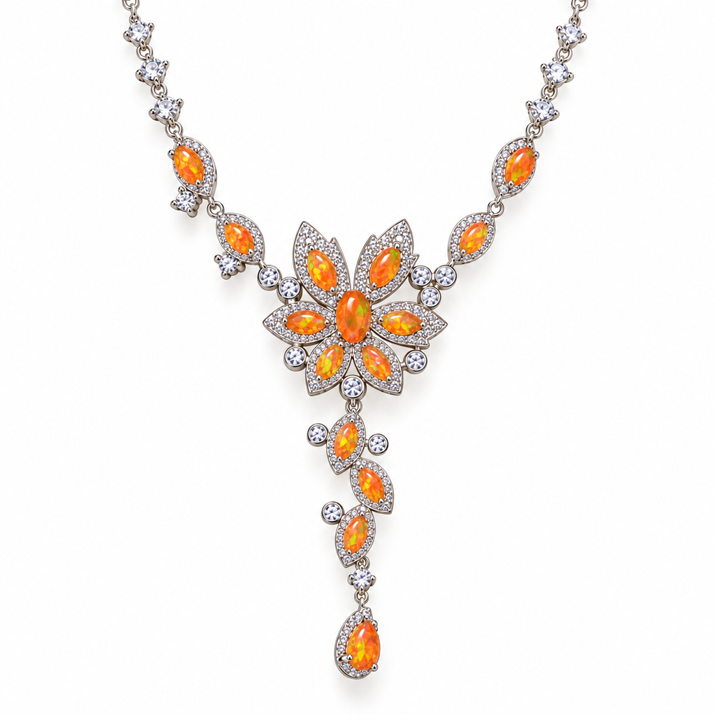 Natural orange Fire Opal necklace with 3x5mm oval gemstones in 925 Sterling Silver