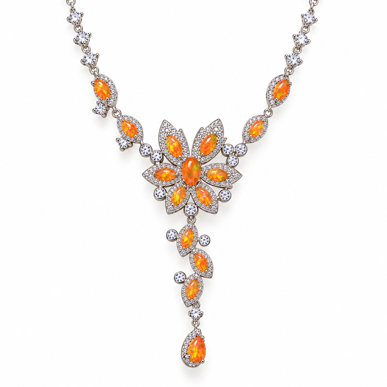 Natural orange Fire Opal necklace with 3x5mm oval gemstones in 925 Sterling Silver