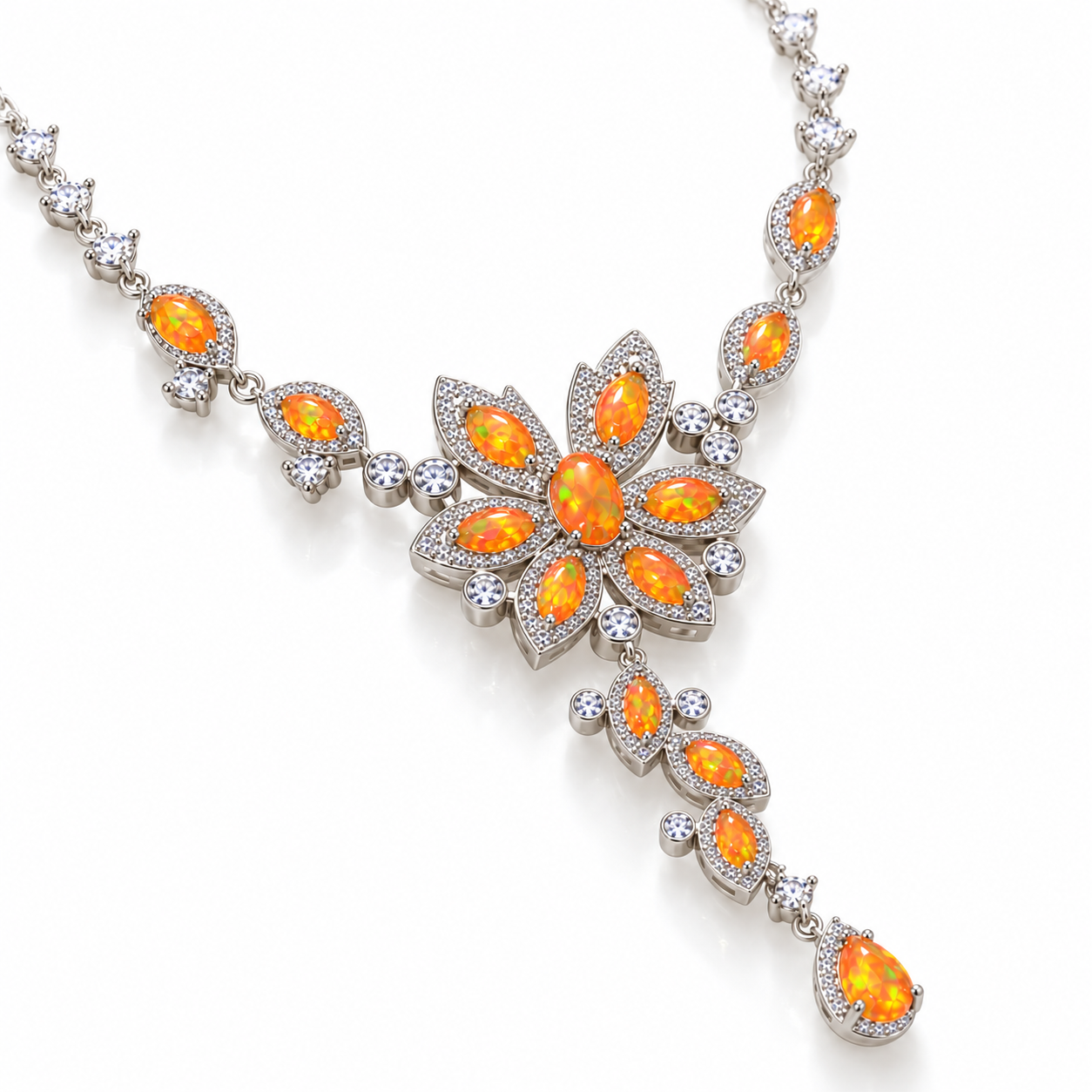Angled view of natural orange Fire Opal necklace with 3x5mm oval gemstones