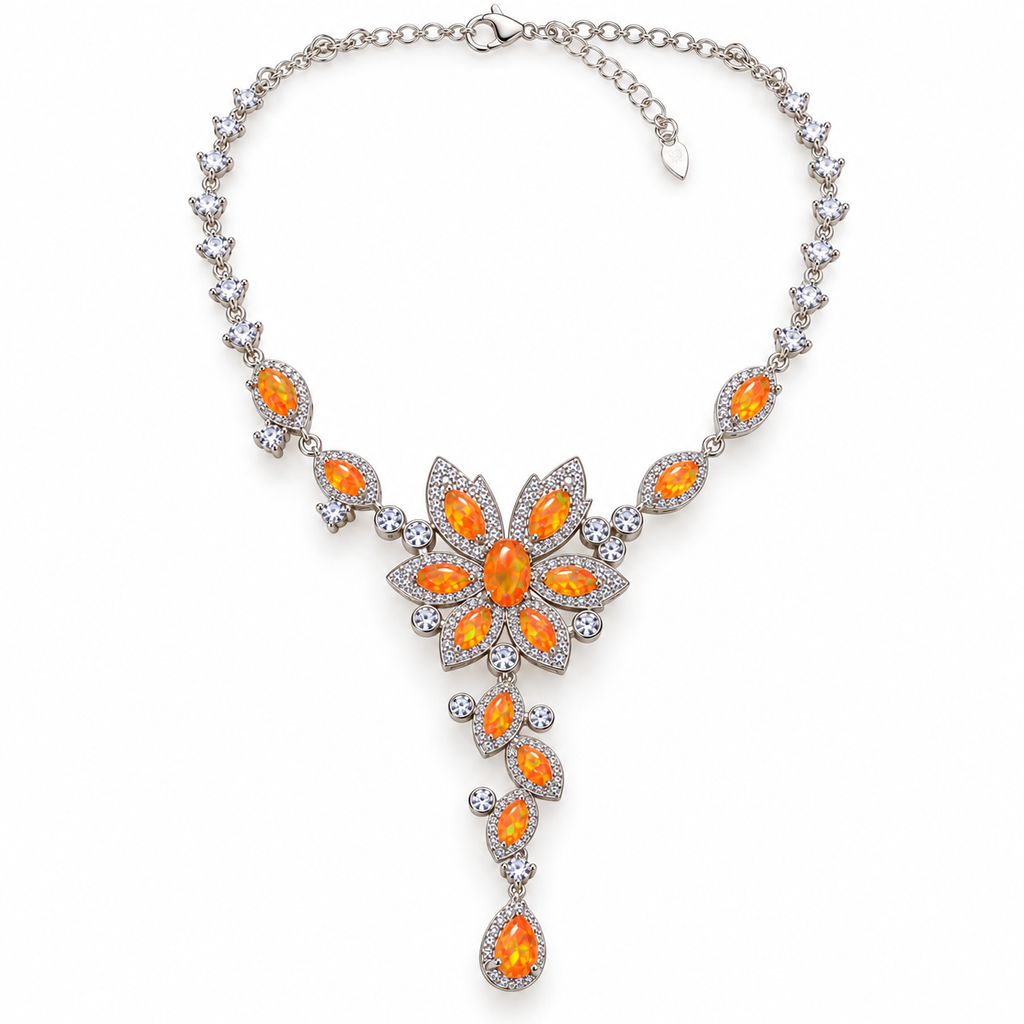 Top view of 3x5mm natural orange Fire Opal necklace in Sterling Silver