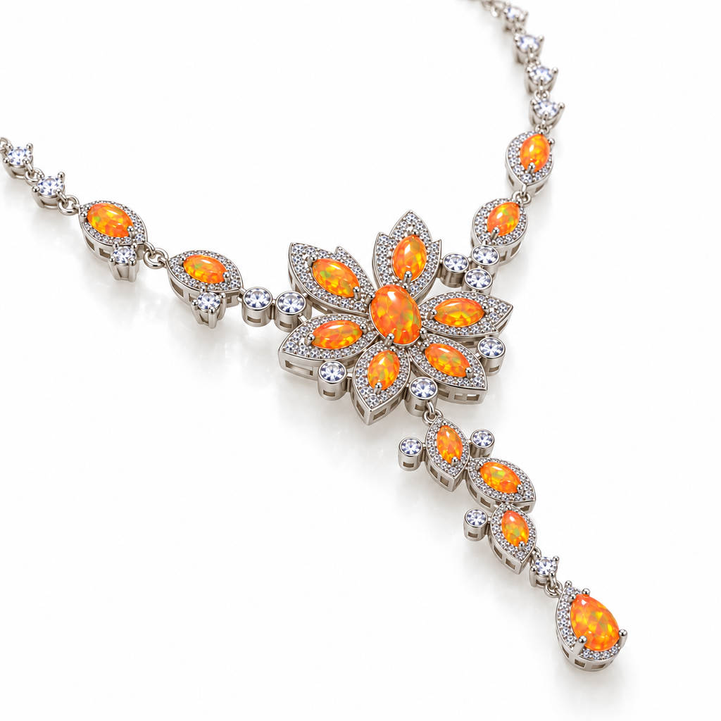 Side view of orange Fire Opal necklace with intricate Sterling Silver floral details