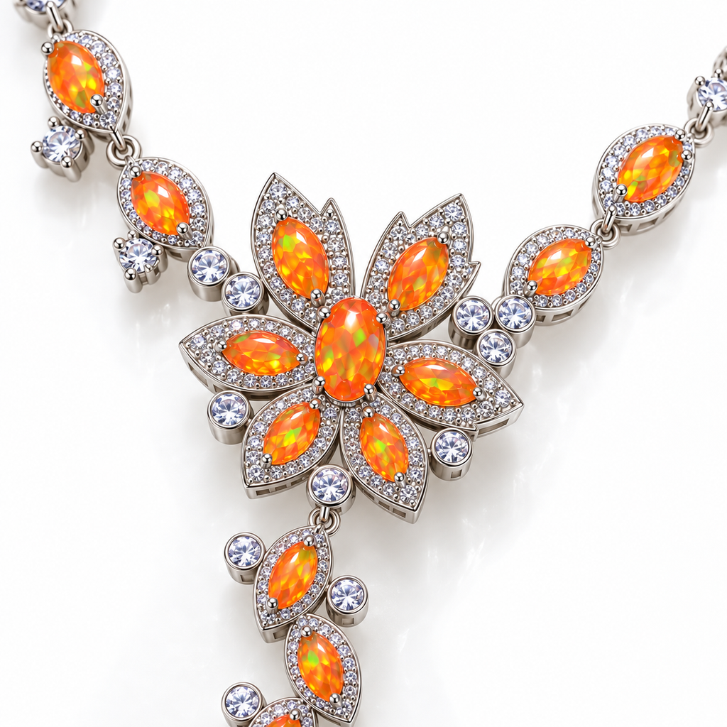 Close-up of 3x5mm orange Fire Opal gemstones and Sterling Silver settings