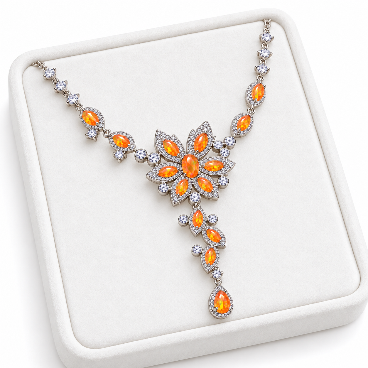 3x5mm orange Fire Opal necklace displayed on a white velvet jewelry tray