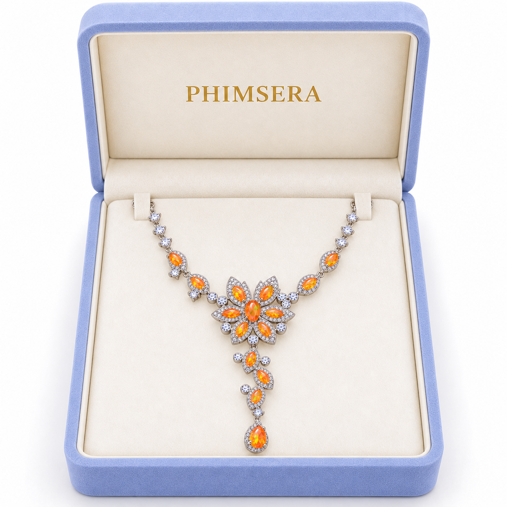 Natural orange Fire Opal necklace presented in a Phimsera jewelry box