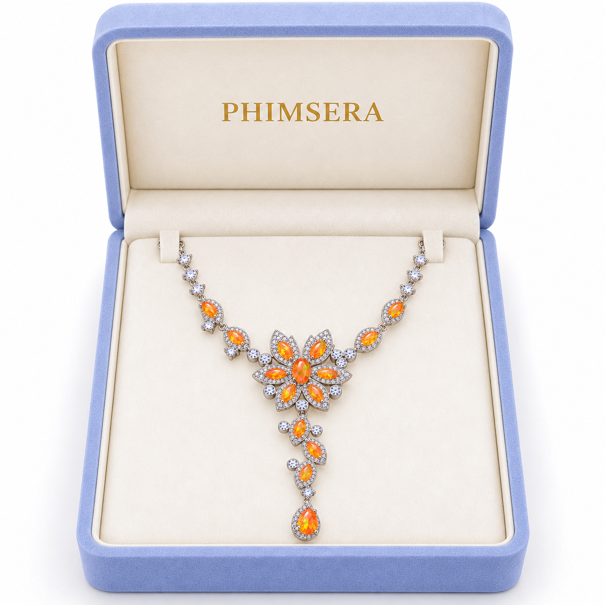 Natural orange Fire Opal necklace presented in a Phimsera jewelry box