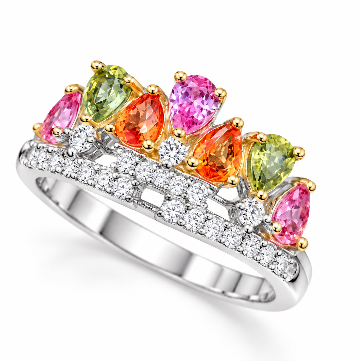3x4mm natural multicolor sapphire ring with colorful gemstones and Gold Plated sterling silver setting