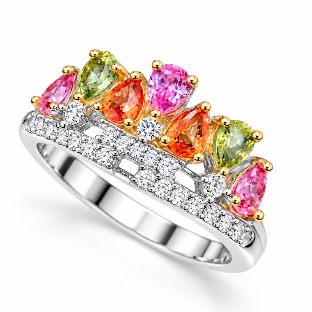 Angled view of 3x4mm natural multicolor sapphire ring with colorful gemstone arrangement