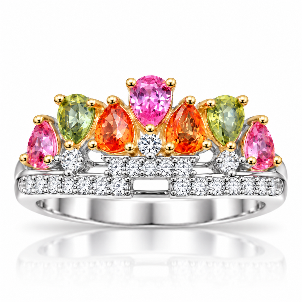 Front view of 3x4mm multicolor sapphire ring with colorful natural sapphire gemstones